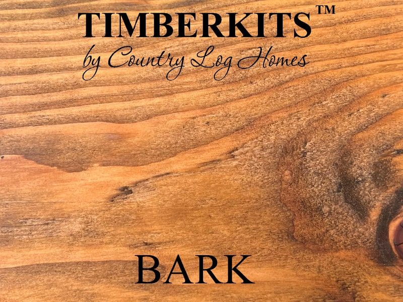Sample of wood Bark stain with logo Timberkits by Country Log Homes